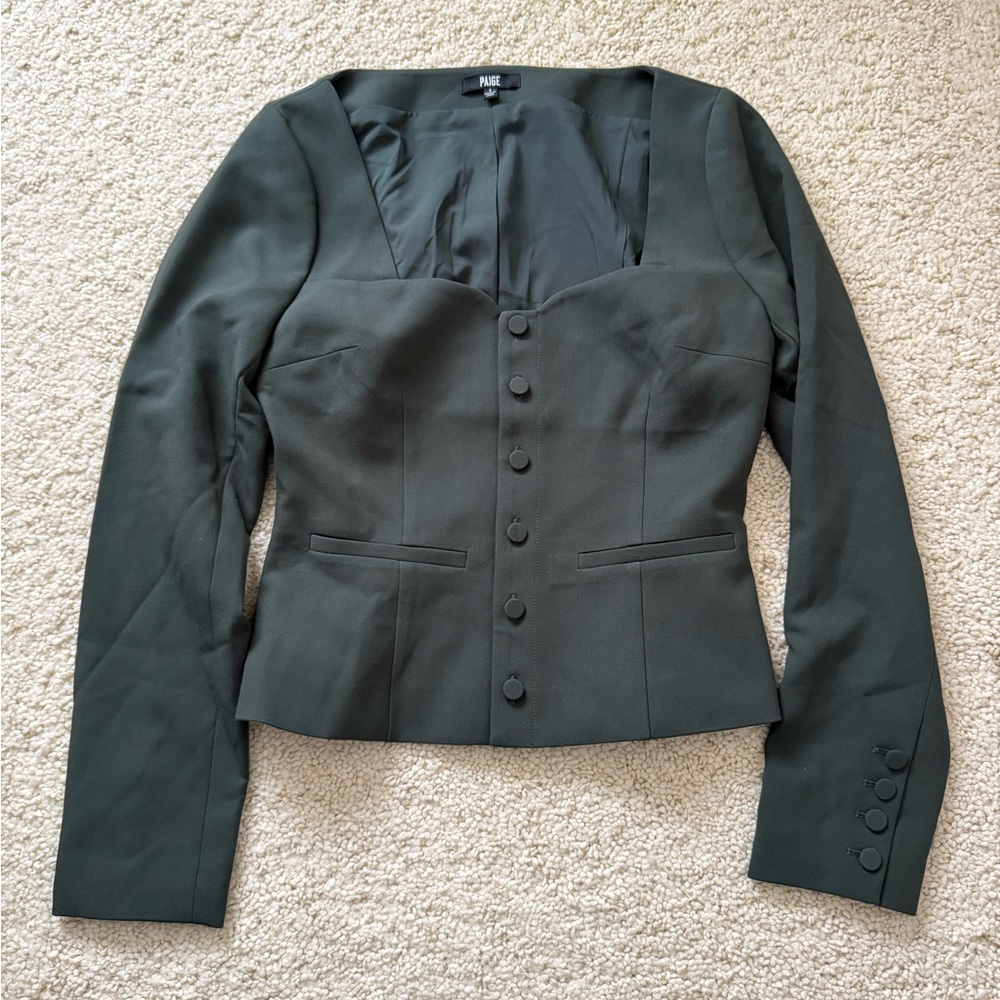 New PAIGE Rhea Sweetheart Top bustier long sleeves blouse jacket olive 4 small - Picture 2 of 8